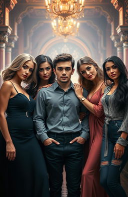 A captivating book cover featuring a young man surrounded by four women in a harem style