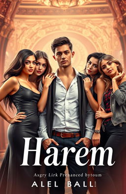 A captivating book cover featuring a young man surrounded by four women in a harem style