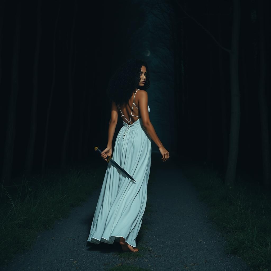 A woman with medium curly dark hair and caramel skin, dressed in a flowing long white dress, is walking into the darkness of a night forest