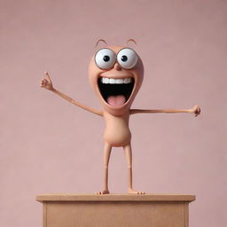 Generate an image of the same one-eyed figure, standing on a podium with an exuberant expression, enjoying the adoration from the crowd.