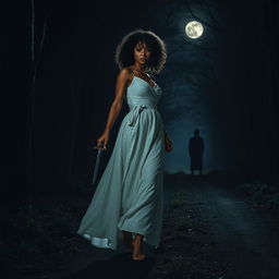 A woman with medium curly dark hair and caramel skin, dressed in a flowing long white dress, is walking into the darkness of a night forest