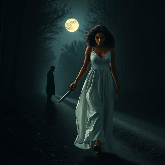 A woman with medium curly dark hair and caramel skin, dressed in a flowing long white dress, is walking into the darkness of a night forest