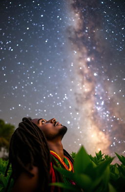 A young Rastafarian man with long hair adorned with colorful beads, gazing up at the mesmerizing Milky Way galaxy