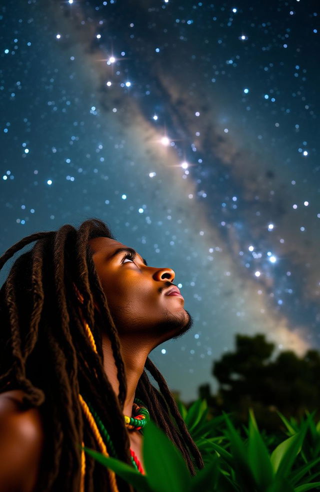 A young Rastafarian man with long hair adorned with colorful beads, gazing up at the mesmerizing Milky Way galaxy