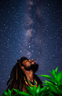 A young Rastafarian man with long hair adorned with colorful beads, gazing up at the mesmerizing Milky Way galaxy