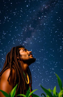 A young Rastafarian man with long hair adorned with colorful beads, gazing up at the mesmerizing Milky Way galaxy