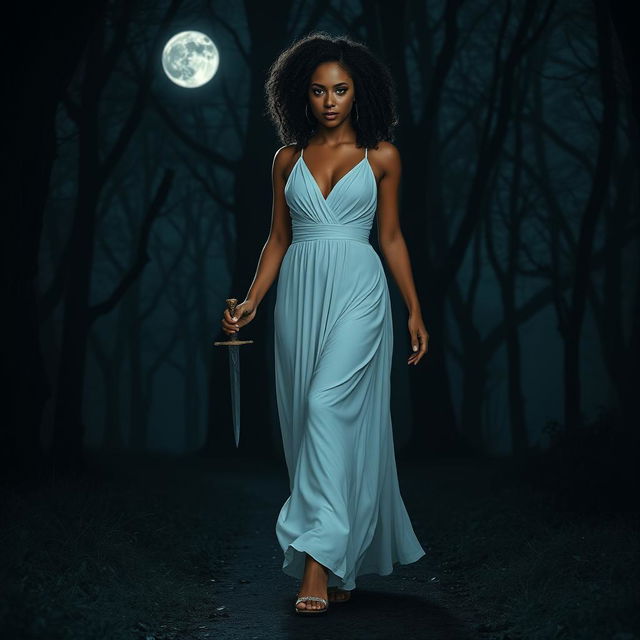 A woman with medium curly dark hair and caramel skin, elegantly dressed in a flowing long white dress, walking into the deep darkness of a night forest