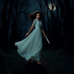 A woman with medium curly dark hair and caramel skin, elegantly dressed in a flowing long white dress, walking into the deep darkness of a night forest