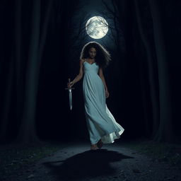 A woman with medium curly dark hair and caramel skin, elegantly dressed in a flowing long white dress, walking into the deep darkness of a night forest