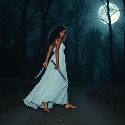 A woman with medium curly dark hair and caramel skin, elegantly dressed in a flowing long white dress, walking into the deep darkness of a night forest