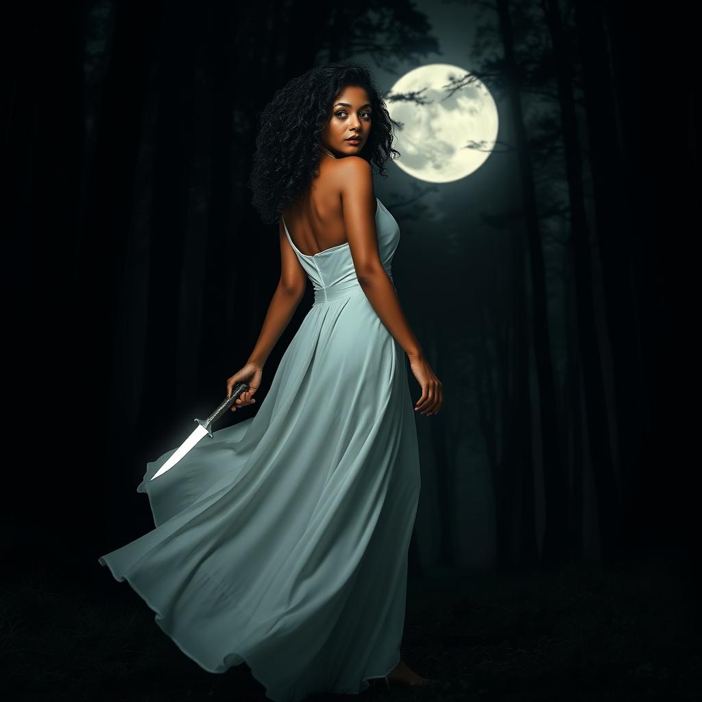 A woman with medium curly dark hair and caramel skin, elegantly clad in a flowing long white dress, is walking gracefully into the deep darkness of a night forest