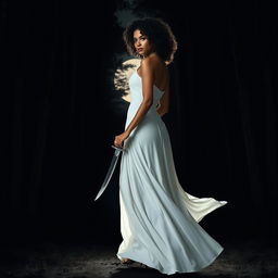 A woman with medium curly dark hair and caramel skin, elegantly clad in a flowing long white dress, is walking gracefully into the deep darkness of a night forest