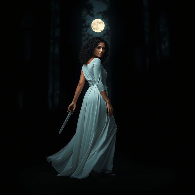 A woman with medium curly dark hair and caramel skin, elegantly clad in a flowing long white dress, is walking gracefully into the deep darkness of a night forest