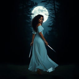 A woman with medium curly dark hair and caramel skin, elegantly clad in a flowing long white dress, is walking gracefully into the deep darkness of a night forest