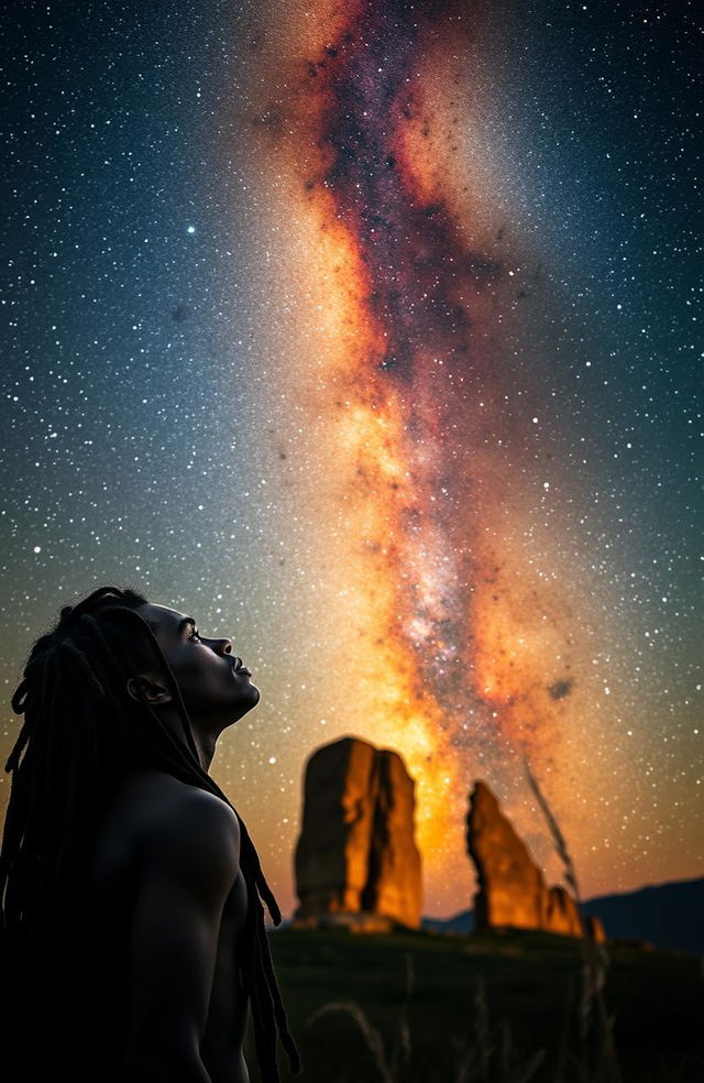 A young Rastafarian male with long, beaded hair gazing thoughtfully at the majestic Milky Way, with the Ikom monolith highlighted in the foreground