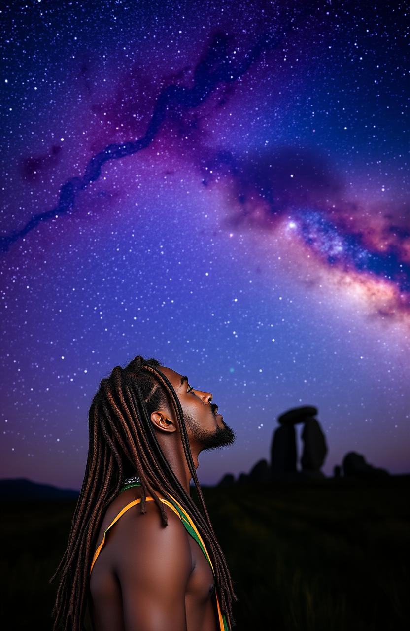 A young Rastafarian male with long, beaded hair gazing thoughtfully at the majestic Milky Way, with the Ikom monolith highlighted in the foreground