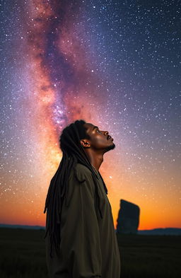 A young Rastafarian male with long, beaded hair gazing thoughtfully at the majestic Milky Way, with the Ikom monolith highlighted in the foreground