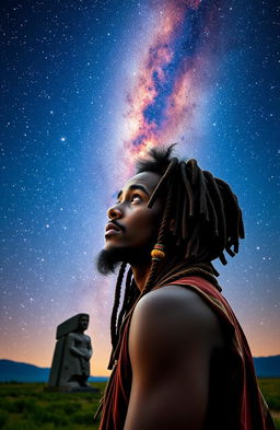 A young Rastafarian male with long, beaded hair gazing thoughtfully at the majestic Milky Way, with the Ikom monolith highlighted in the foreground