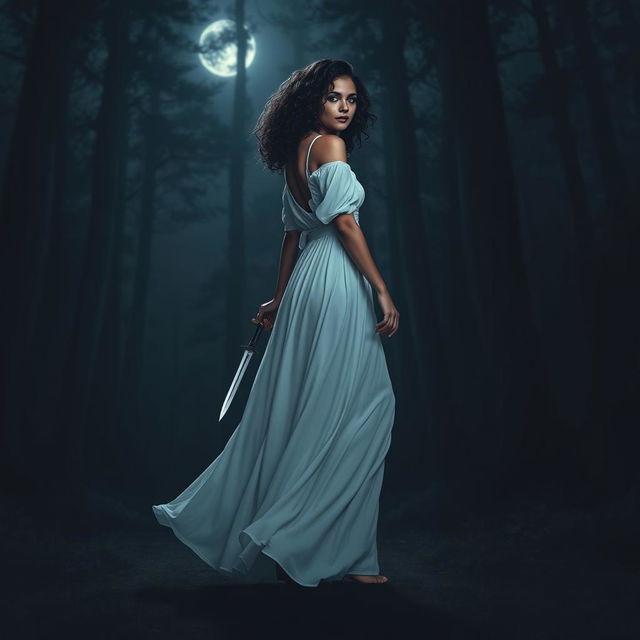 A woman with medium curly dark hair and caramel skin, dressed in a flowing long white dress, is elegantly walking into the deep darkness of a night forest