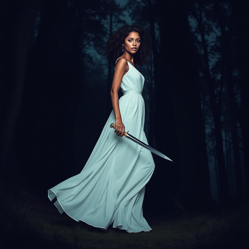 A woman with medium curly dark hair and caramel skin, dressed in a flowing long white dress, is elegantly walking into the deep darkness of a night forest