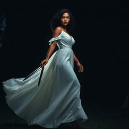 A woman with medium curly dark hair and caramel skin, dressed in a flowing long white dress, is elegantly walking into the deep darkness of a night forest