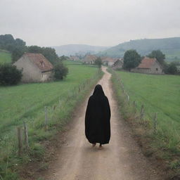 Generate an image of the one-eyed figure journeying towards a small village, creating an atmosphere of anticipation.