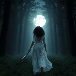 A woman with medium curly dark hair and caramel skin, dressed in a flowing long white dress, is walking forward with determination towards the darkness of a night forest