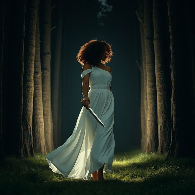 A woman with medium curly dark hair and caramel skin, dressed in a flowing long white dress, is walking forward with determination towards the darkness of a night forest