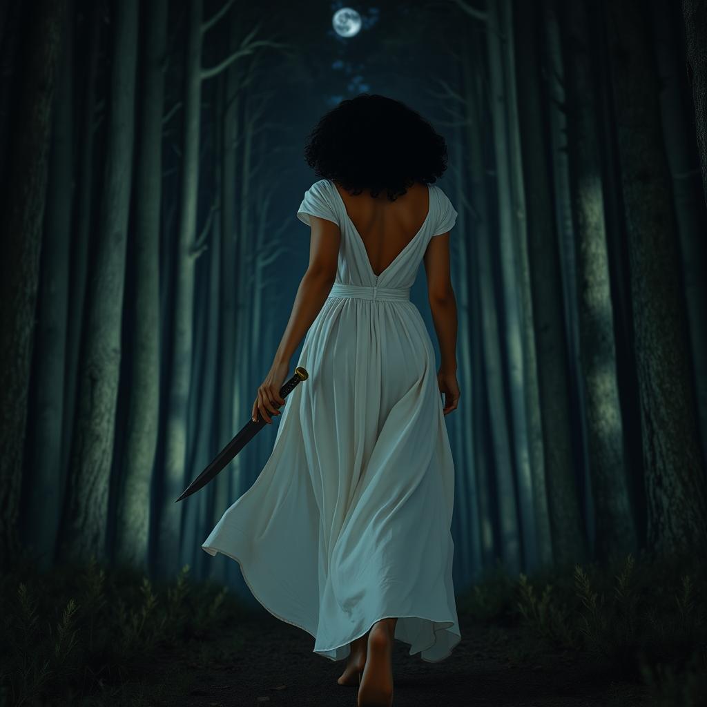 A woman with medium curly dark hair and caramel skin, dressed in a flowing long white dress, is walking forward with determination towards the darkness of a night forest