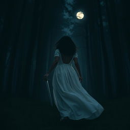 A woman with medium curly dark hair and caramel skin, dressed in a flowing long white dress, is walking forward with determination towards the darkness of a night forest