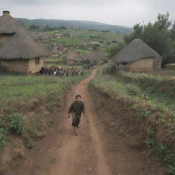 Generate an image of the one-eyed figure approaching the village, with villagers fleeing in random directions, depicting a scene of chaos and fear.