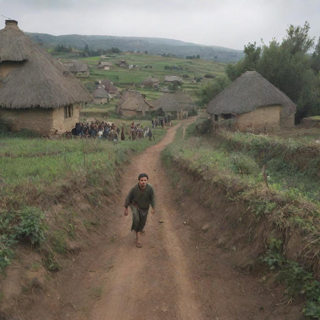 Generate an image of the one-eyed figure approaching the village, with villagers fleeing in random directions, depicting a scene of chaos and fear.
