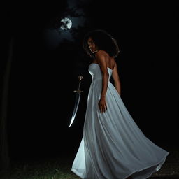 A woman with medium curly dark hair and caramel skin, elegantly dressed in a flowing long white dress, walks purposefully forward towards the enveloping darkness of a night forest