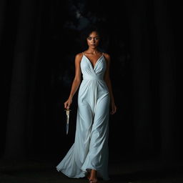 A woman with medium curly dark hair and caramel skin, elegantly dressed in a flowing long white dress, walks purposefully forward towards the enveloping darkness of a night forest