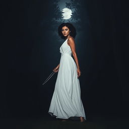 A woman with medium curly dark hair and caramel skin, elegantly dressed in a flowing long white dress, walks purposefully forward towards the enveloping darkness of a night forest