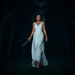 A woman with medium curly dark hair and caramel skin, elegantly dressed in a flowing long white dress, walks purposefully forward towards the enveloping darkness of a night forest