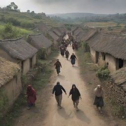 Generate an image of the one-eyed figure approaching the village, with villagers fleeing in random directions, depicting a scene of chaos and fear.