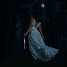 A woman with medium curly dark hair and caramel skin, wearing a flowing long white dress, strides confidently forward towards the darkness of a night forest