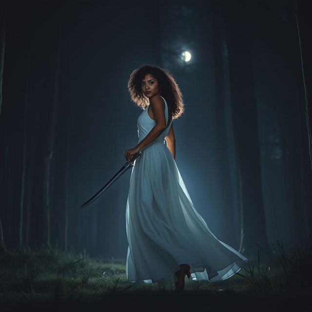 A woman with medium curly dark hair and caramel skin, wearing a flowing long white dress, strides confidently forward towards the darkness of a night forest