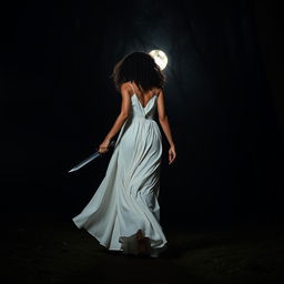 A woman with medium curly dark hair and caramel skin, wearing a flowing long white dress, strides confidently forward towards the darkness of a night forest