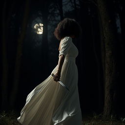 A woman with medium curly dark hair and caramel skin, wearing a flowing long white dress, strides confidently forward towards the darkness of a night forest