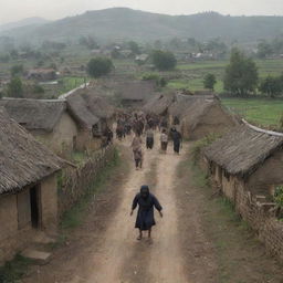 Generate an image of the one-eyed figure approaching the village, with villagers fleeing in random directions, depicting a scene of chaos and fear.