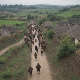 Generate an image of the one-eyed figure approaching the village, with villagers fleeing in random directions, depicting a scene of chaos and fear.