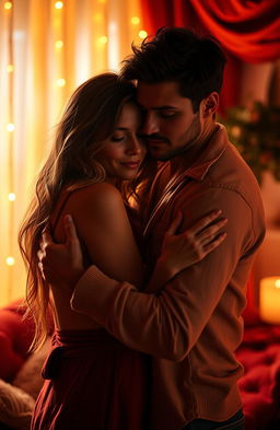 A romantic and intimate scene of two adults embracing passionately in a dimly lit room filled with soft, warm light