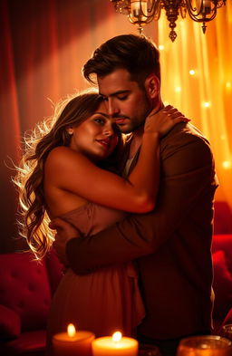 A romantic and intimate scene of two adults embracing passionately in a dimly lit room filled with soft, warm light