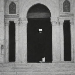 Generate an image of Imam Mahdi descending at Masjid Aqsa the following day, filled with light and hope, in stark contrast to the prior fear.