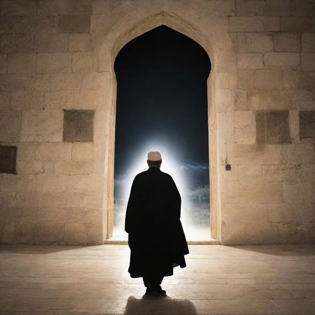 Generate an image of Imam Mahdi descending at Masjid Aqsa the following day, filled with light and hope, in stark contrast to the prior fear.