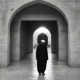 Generate an image of Imam Mahdi descending at Masjid Aqsa the following day, filled with light and hope, in stark contrast to the prior fear.