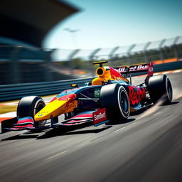 A Red Bull racing car, featuring an aerodynamic design with vibrant blue and yellow colors