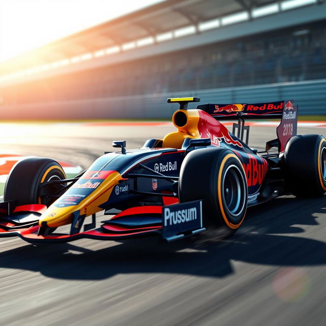 A Red Bull racing car, featuring an aerodynamic design with vibrant blue and yellow colors